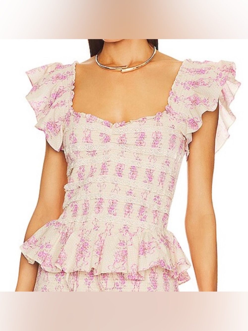 LoveShackFancy Pink Floral Ruffle Peplum Compass Top | Size M